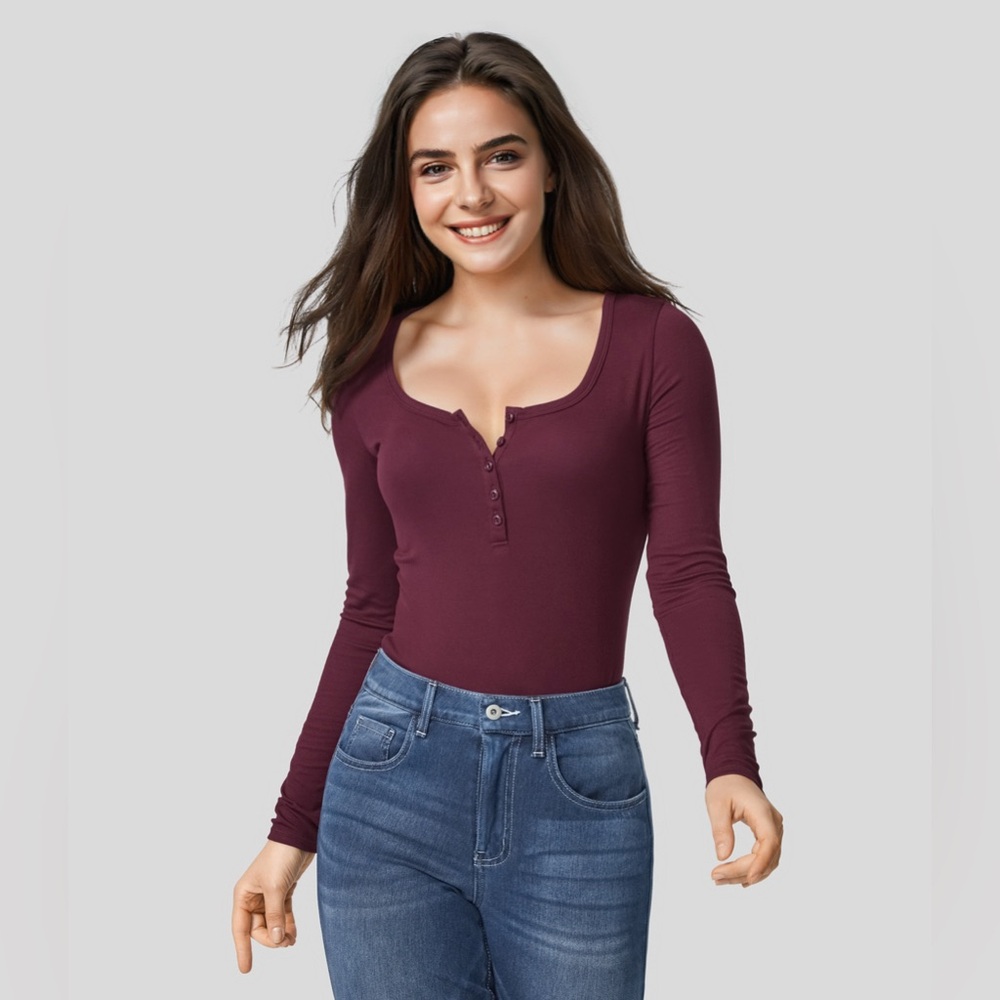 Ribbed‎ Henley Neck Long Sleeve Slim Casual T-Shirt NWT Small
